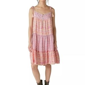 LUCKY BRAND Women's (XS) Mixed Print Tie sleeved-Tiered Dress Peach Multi-Color